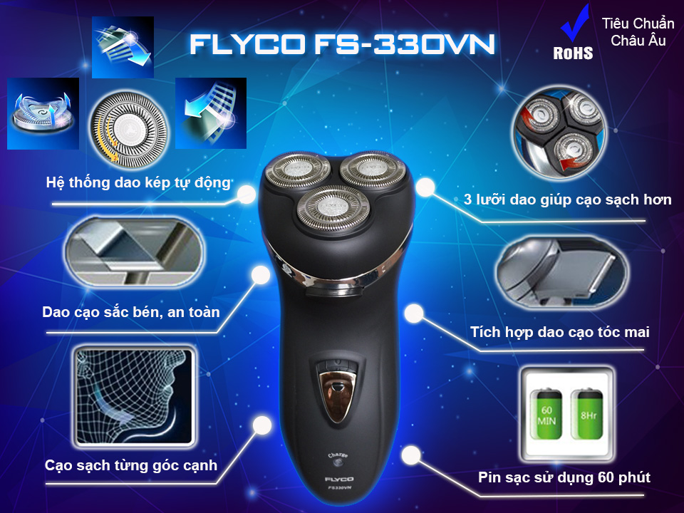 Máy cạo râu Flyco FS330VN với 03 lưỡi cạo tròn sắc bấn, pin sạc điện chính hãn Flyco nhập khẩu