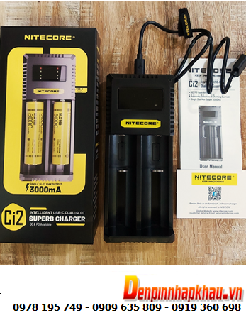 Nitecore Ci2 _Máy sạc Pin 2 cổng USB (Pin Lithium 3.7v-4.2v 18650,14500, 16340, 21700, 26650,..và Pin NiMh)