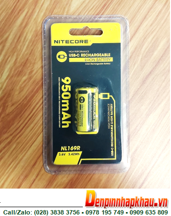 Nitecore NL169R; Pin sạc 16340 CR123A Nitecore NL169R 3.7v 950mAh 3.42Wh /Thân có cổng sạc USB-Type C